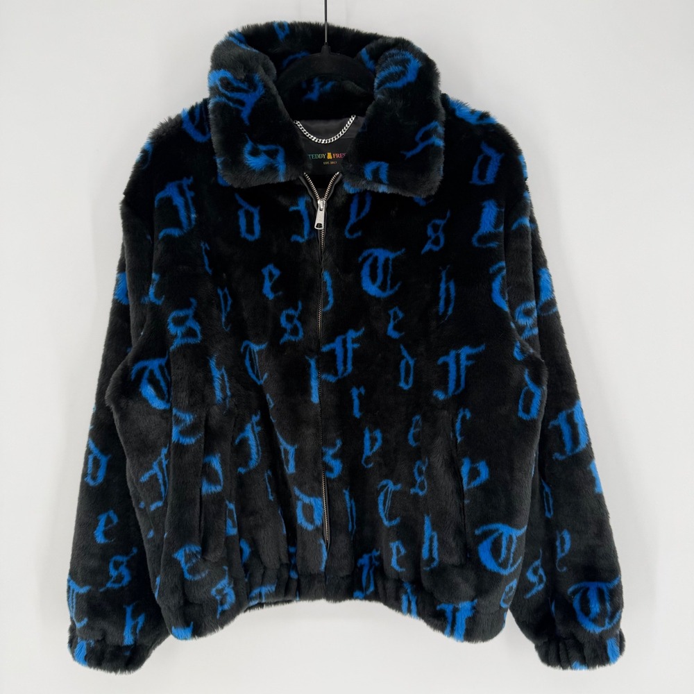 TEDDY FRESH MONOGRAM FAUX FUR JACQUARD JACKET BOMBER BLACK BLUE GOTHIC LETTER SM